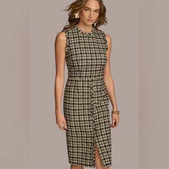 NWT Donna Karan Tweed Dress Knee Length Houndstooth Sleeveless Sheath US 14 - Picture 2 of 11